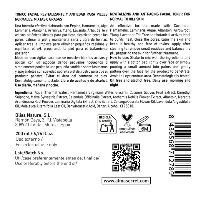 Tónico Revitalizante y Antiedad con Pepino & Hammamelis 200 ml - Alma Secret - 2