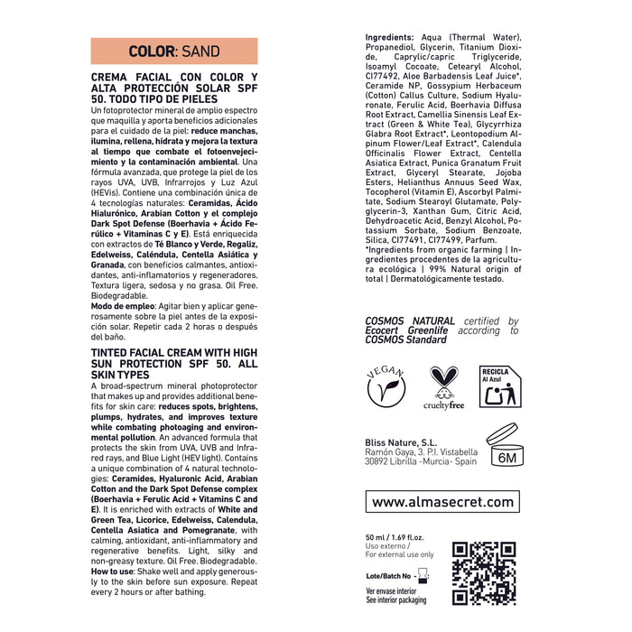 Crema Solar Facial con Color SPF50: Sand 50 ml - Alma Secret - 3