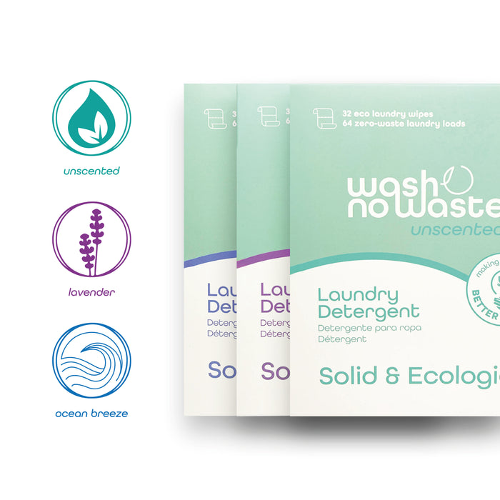Detergente en tiras Biodegradable - Pack de 3 - Lavanda, Brisa Oceánica y Sin Fragancia - Wash No Waste - 7